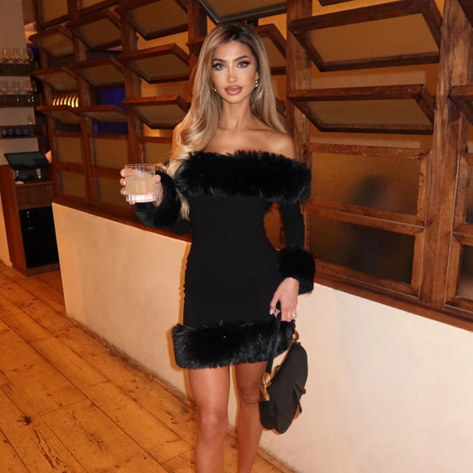 Autumn and Winter Faux Fur off the Shoulder Dress 2024 New Arrivals Black Mini Long Sleeve Sexy Party Dresses Women